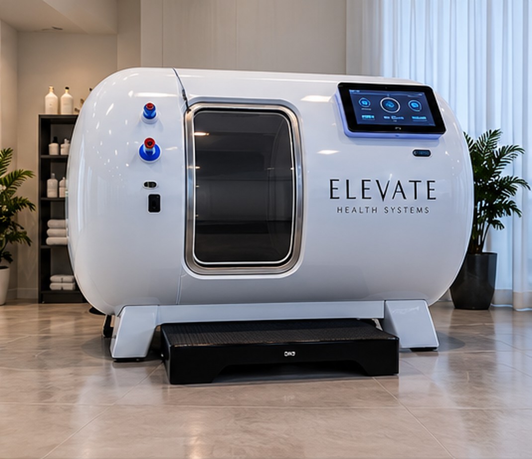 White rigid hyperbaric chamber with a round sealed door, exterior view