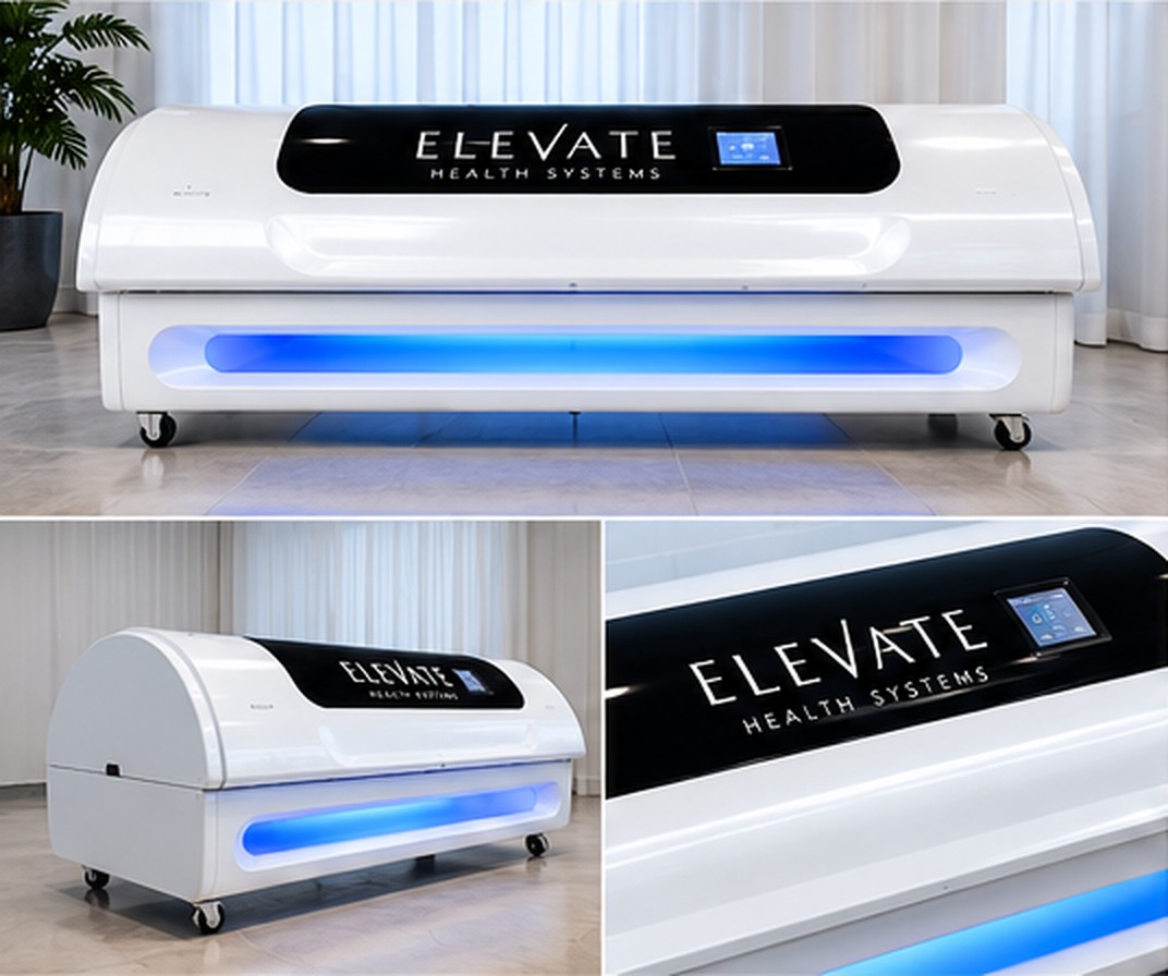 White horizontal capsule-style bed with a blue accent strip